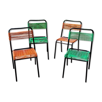 Set de 4 chaises scoubidou vert et orange tubes métal noir des années 60