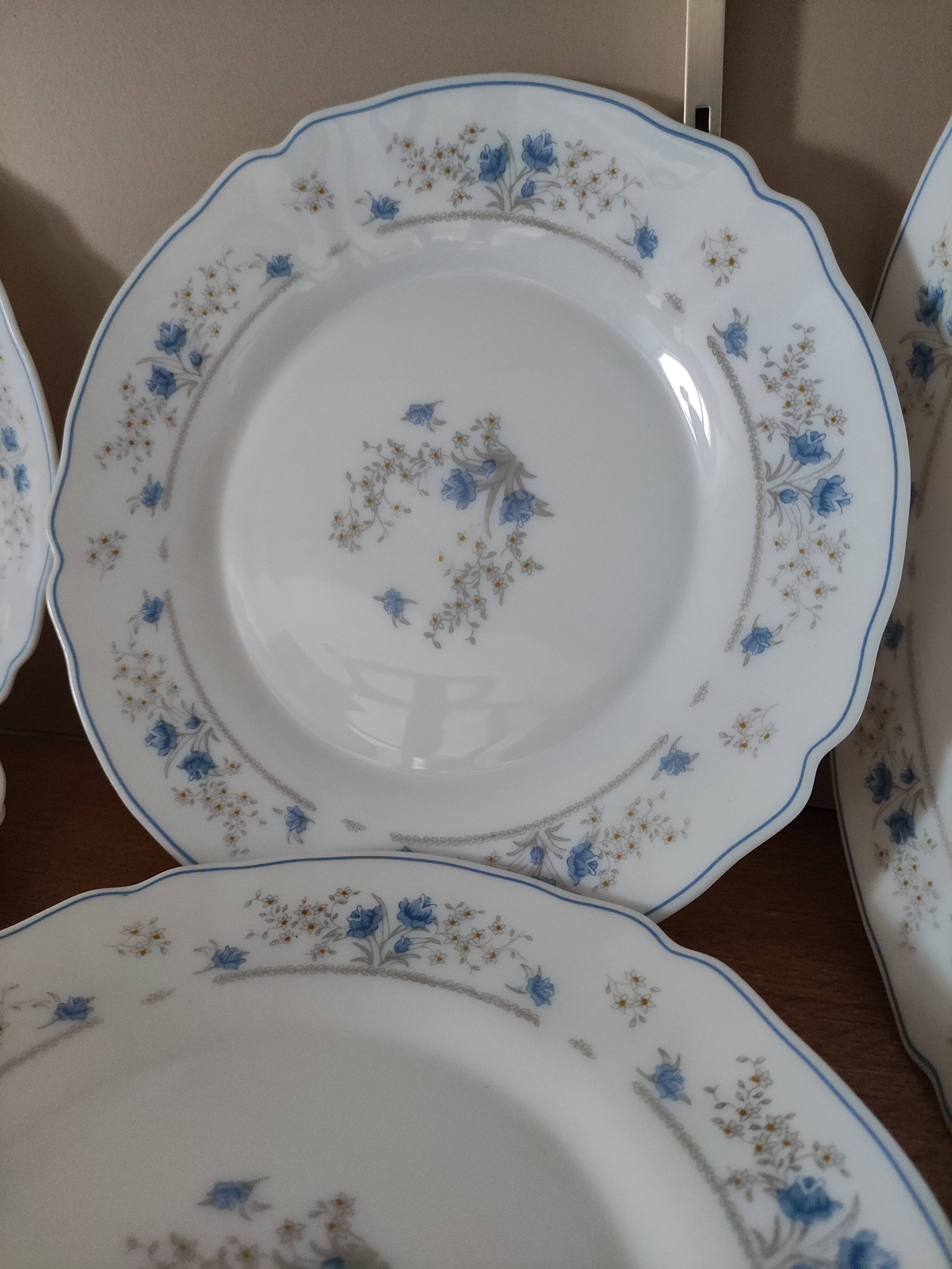 Series 10 flat plates Arcopal, white opaline with blue flowers