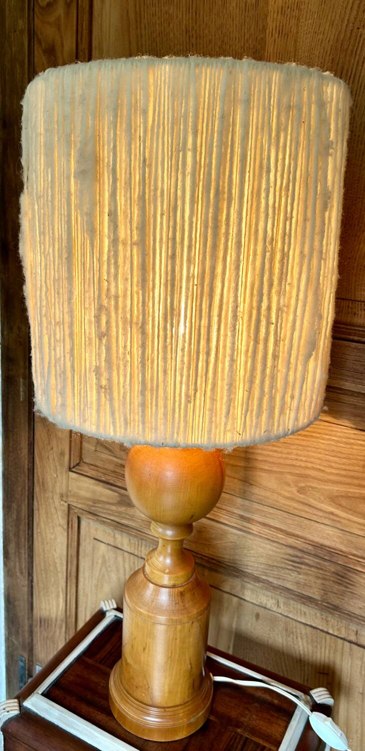 Turned wood base lamp with spun lampshade