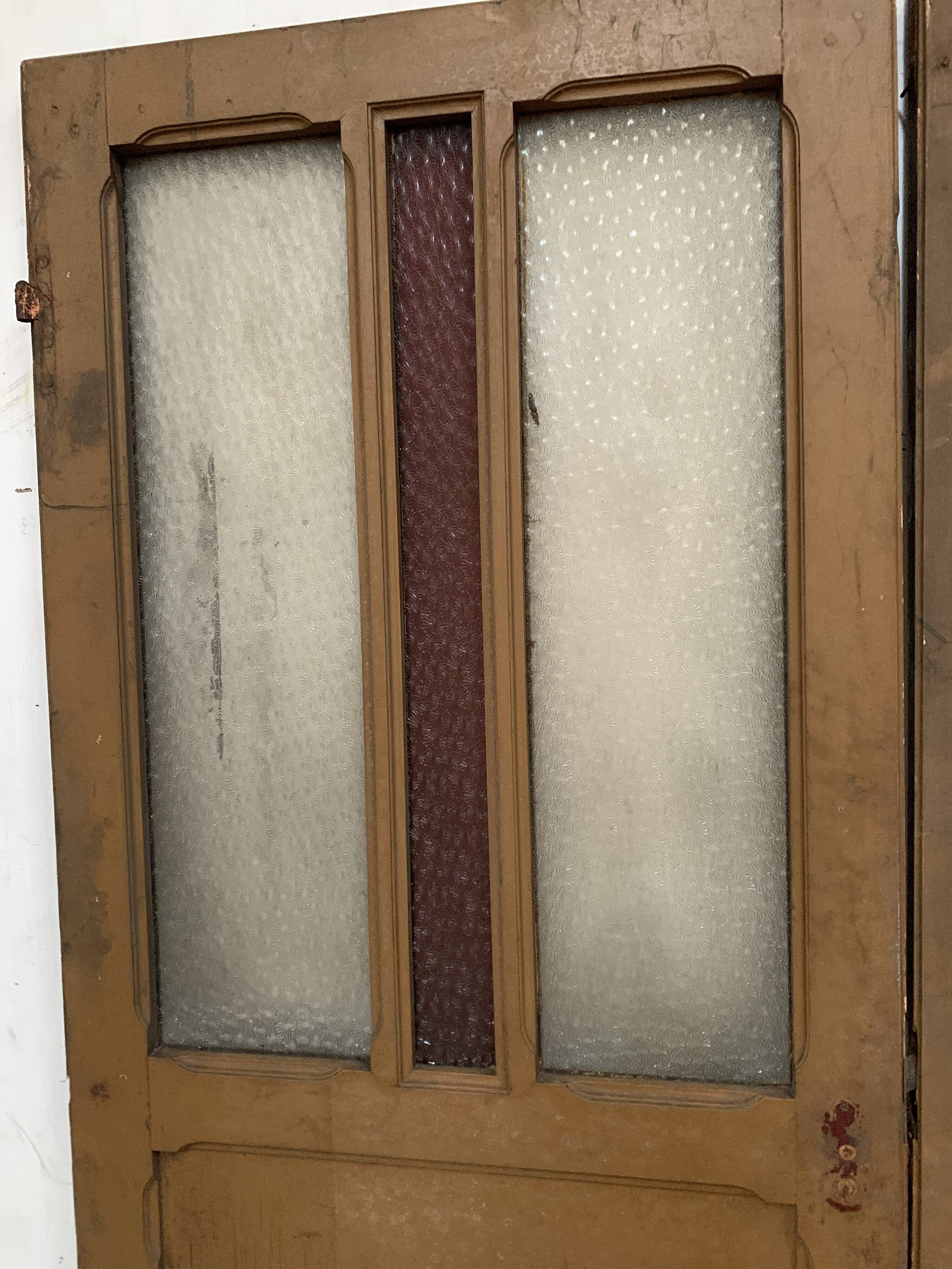 Double glass and patinated fir passage doors, 20th century