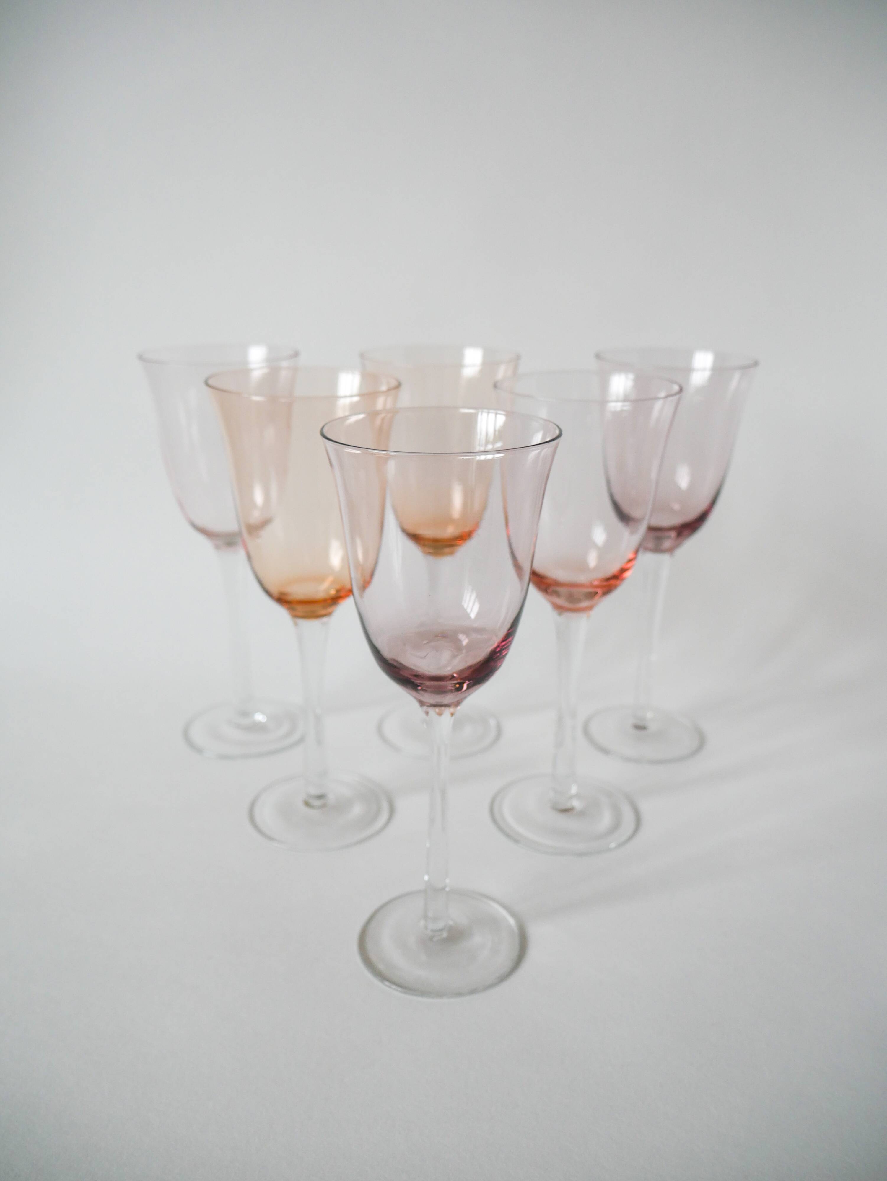 Set of 6 large colored pink and lilac wine glasses 1970