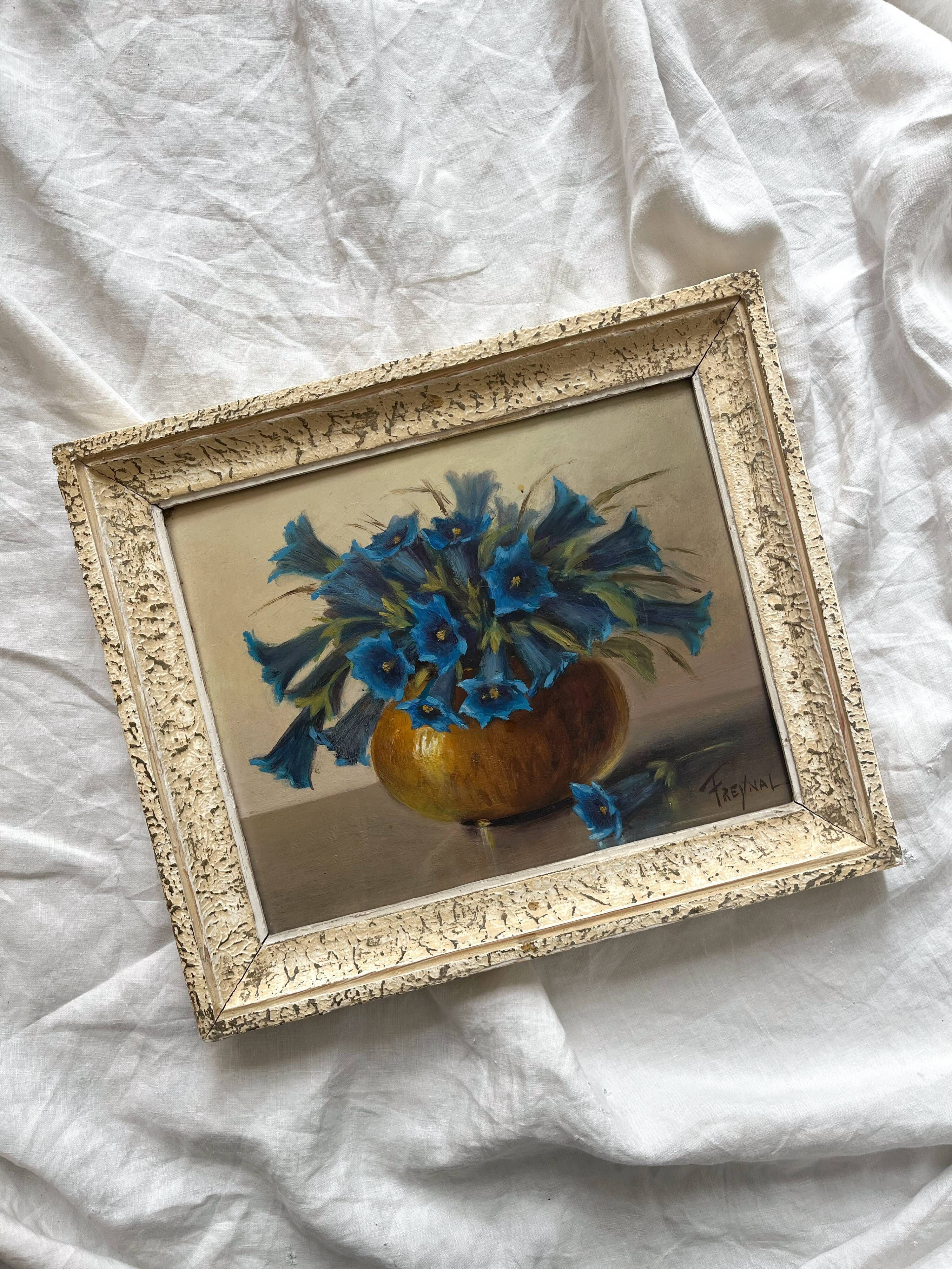 Old painting framed painting bouquet of blue flowers signed Freynal