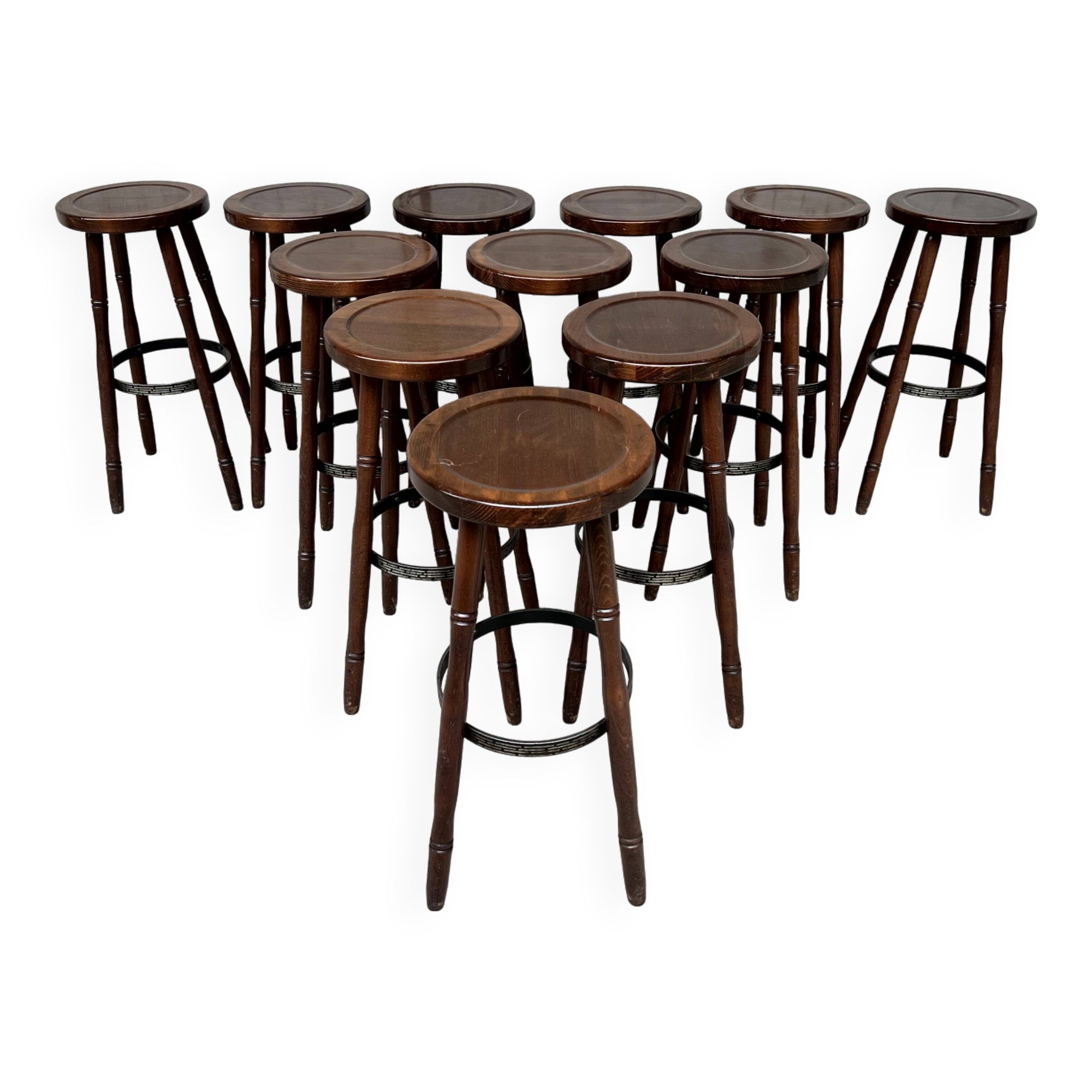 Set of 12 solid wood bar stools 1960 - 1970 vintage