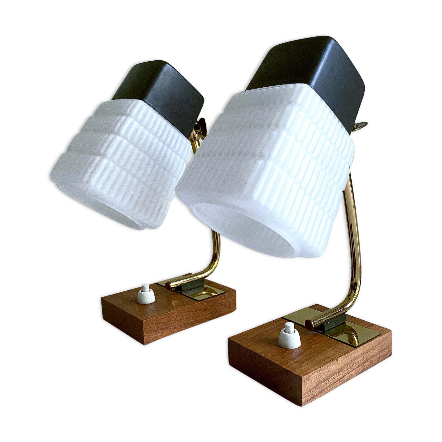 Pair of vintage Scandinavian lamps, teak and glass, 60s