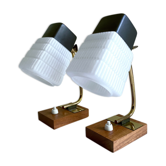 Pair of vintage Scandinavian lamps, teak and glass, 60s