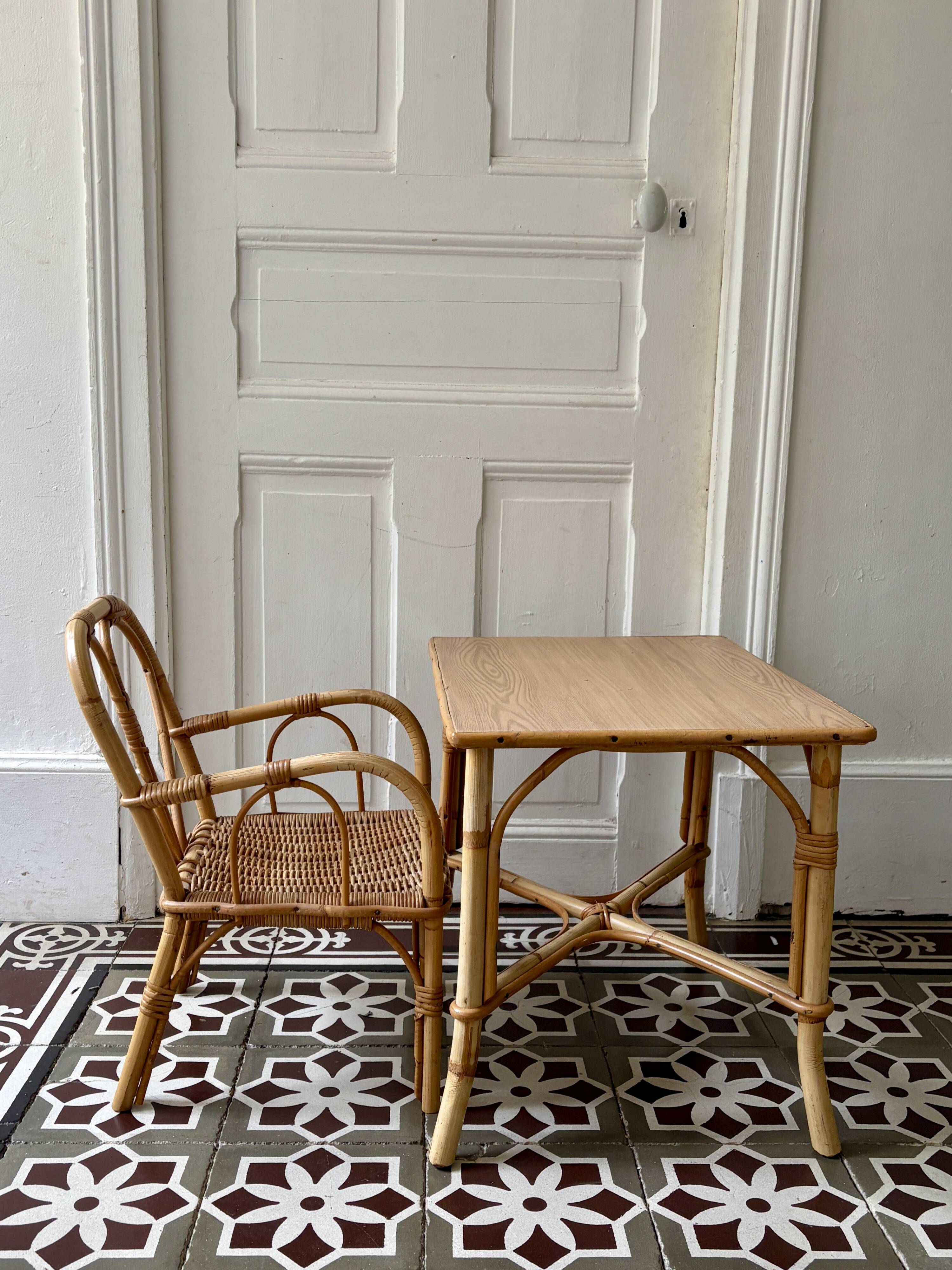 Vintage rattan desk and chair set for children