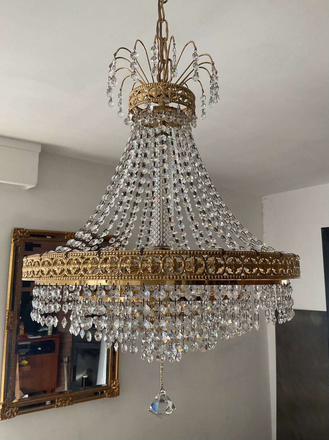 Brass hot air balloon chandelier with cascade of tassels