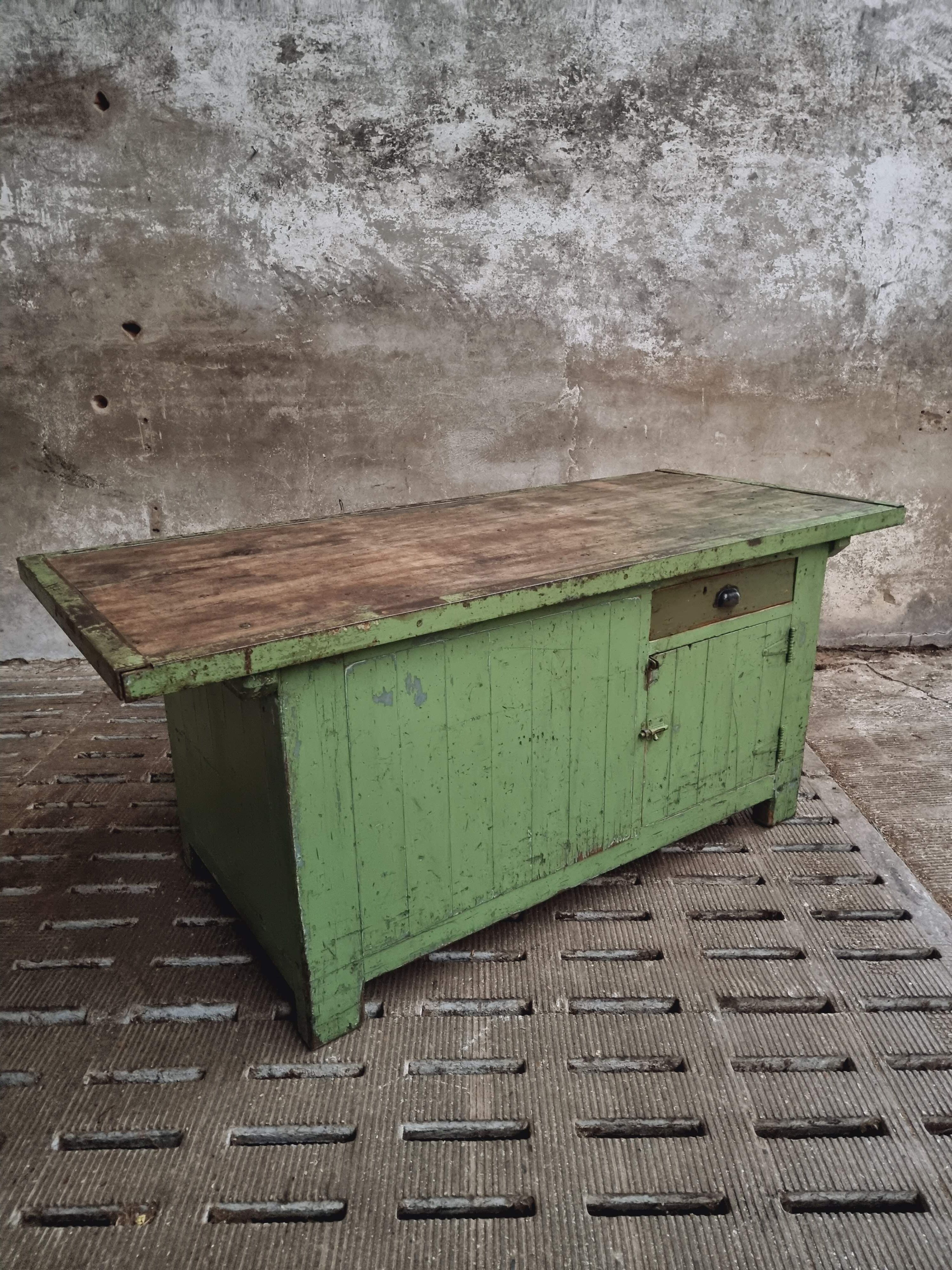 Antique workbench green kitchen island