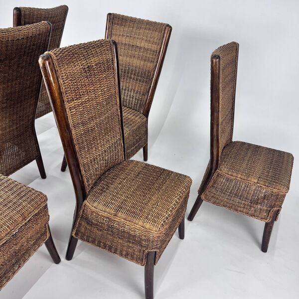 Lot de 6 chaises de salle à manger en corde et bois, France, années 1970