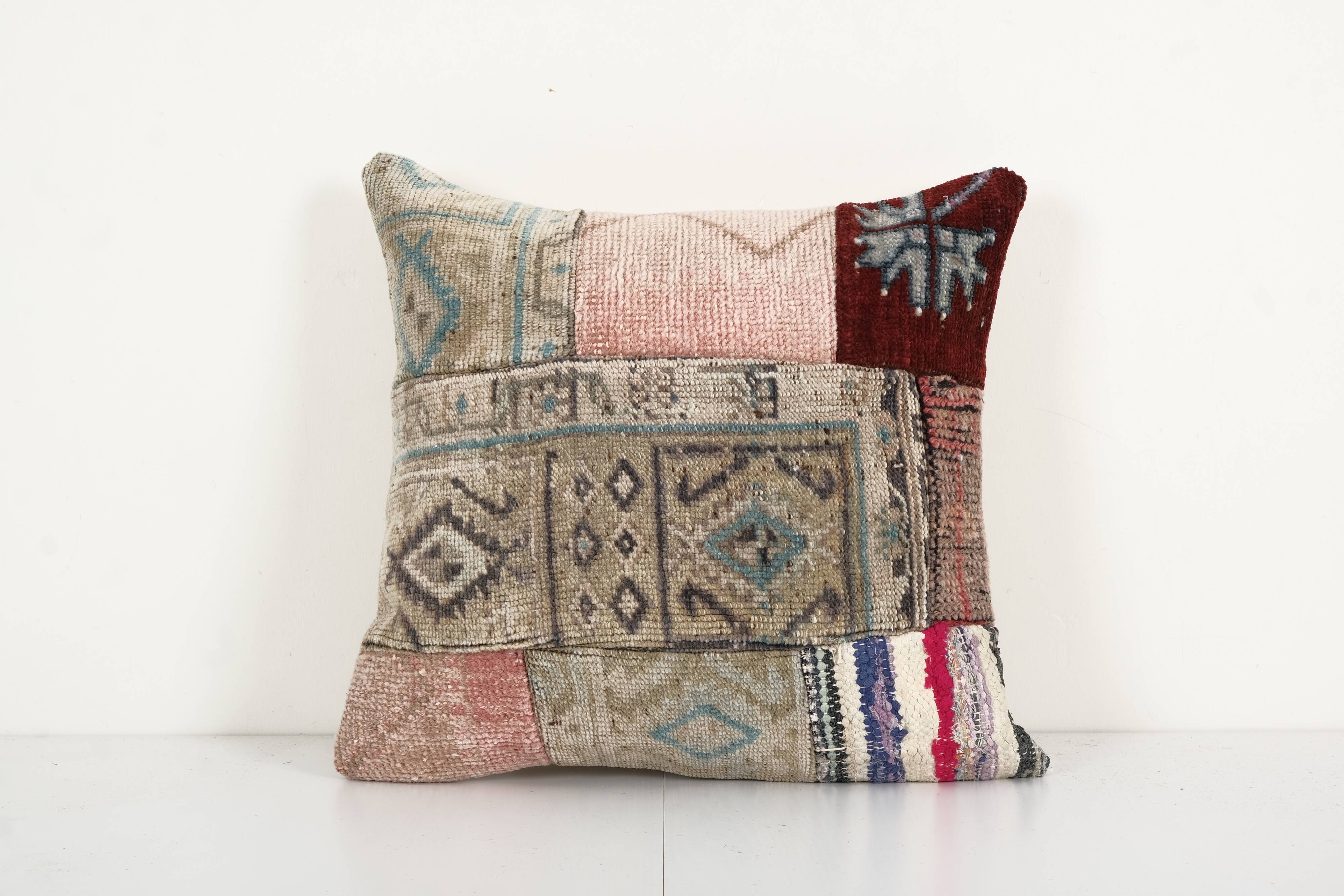 Square Patchwork Kilim Rug Lumbar Pillow Cover, Vintage Wool Kelim Cushion, Tribal Farmohuse Decor
