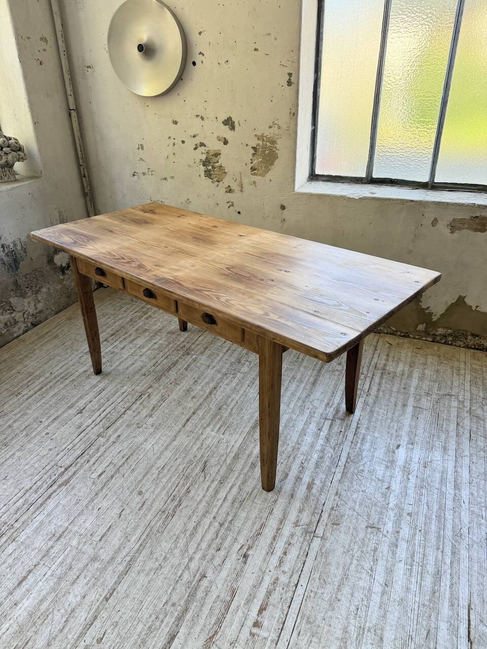 1950s pine and oak farmhouse table with multiple drawers