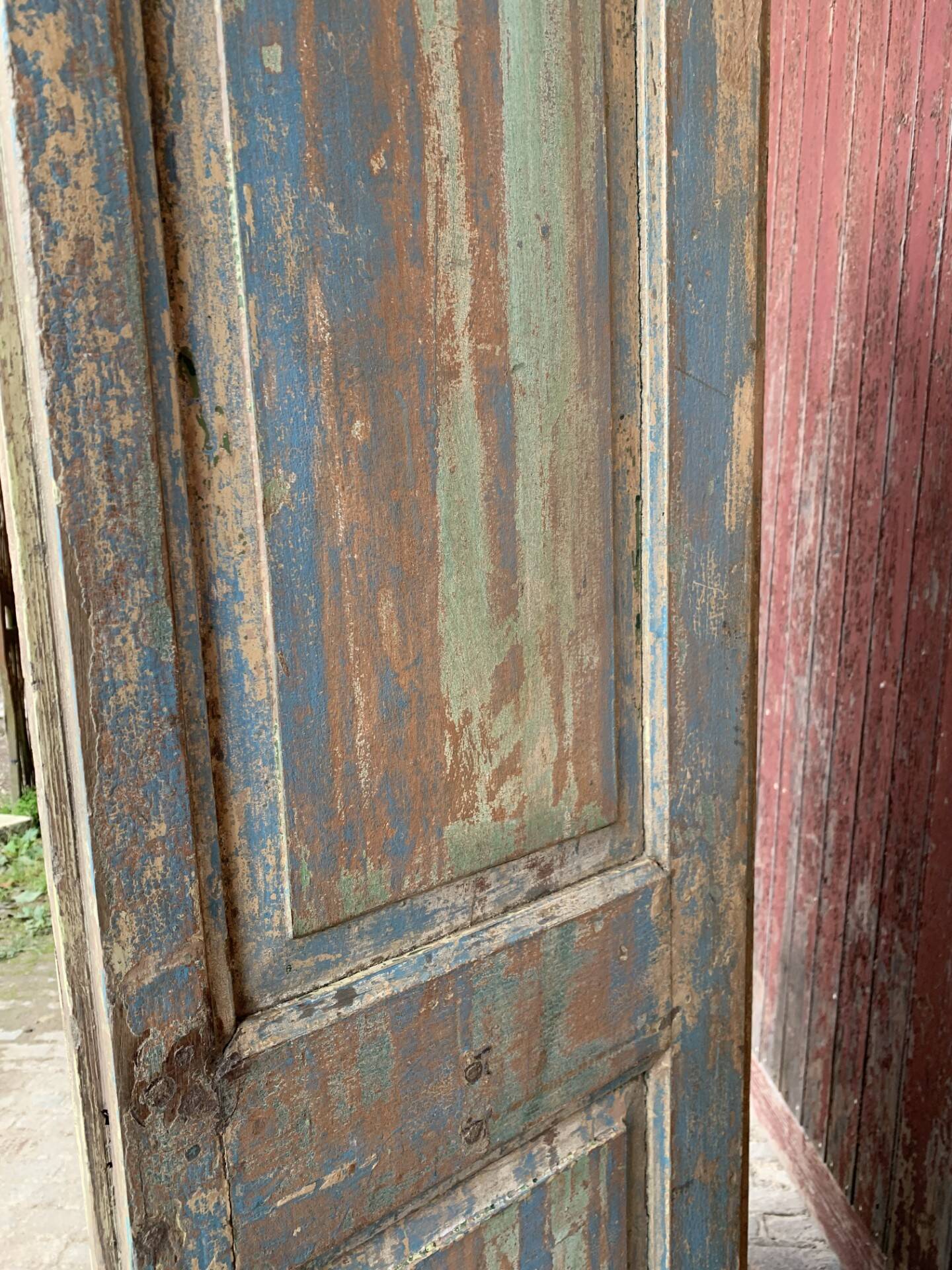 Three-leaf screen, salvaged from an Indian home, green, blue and natural patina
