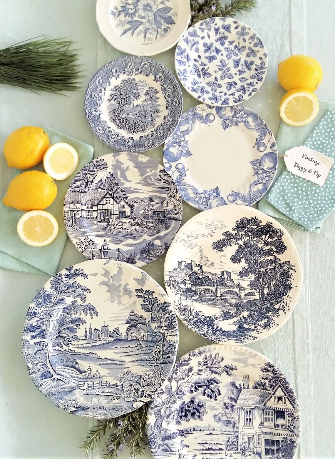 Huit assiettes bleues et blanches dépareillées