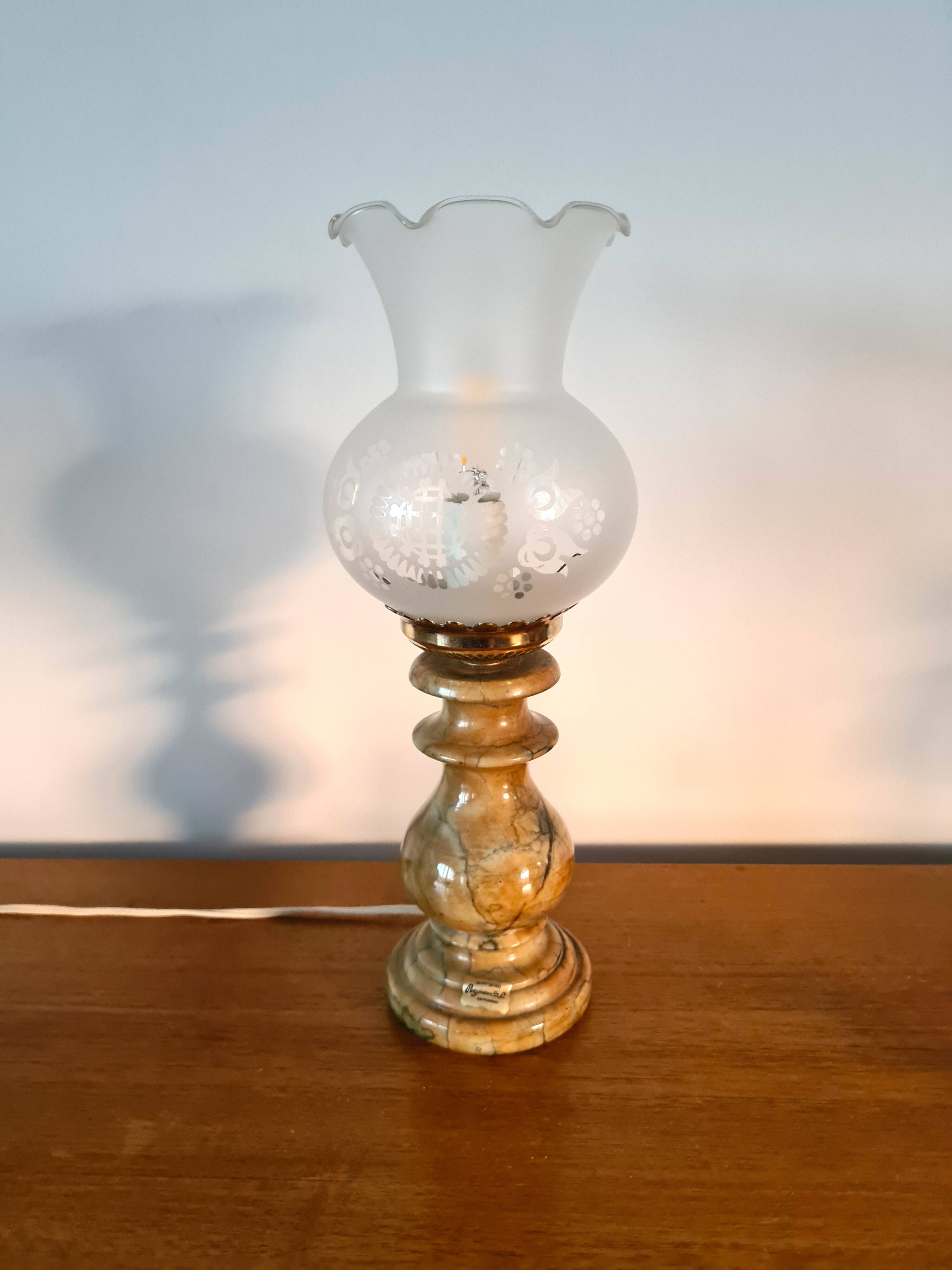 Pegasam SL Spain lamp – alabaster base and vintage engraved glass