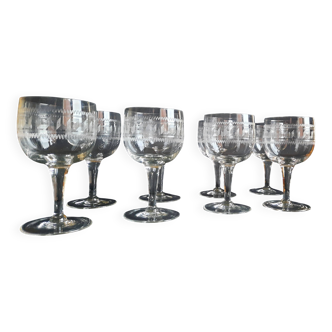 7 crystal balloon glasses, Greek engraving and threads.