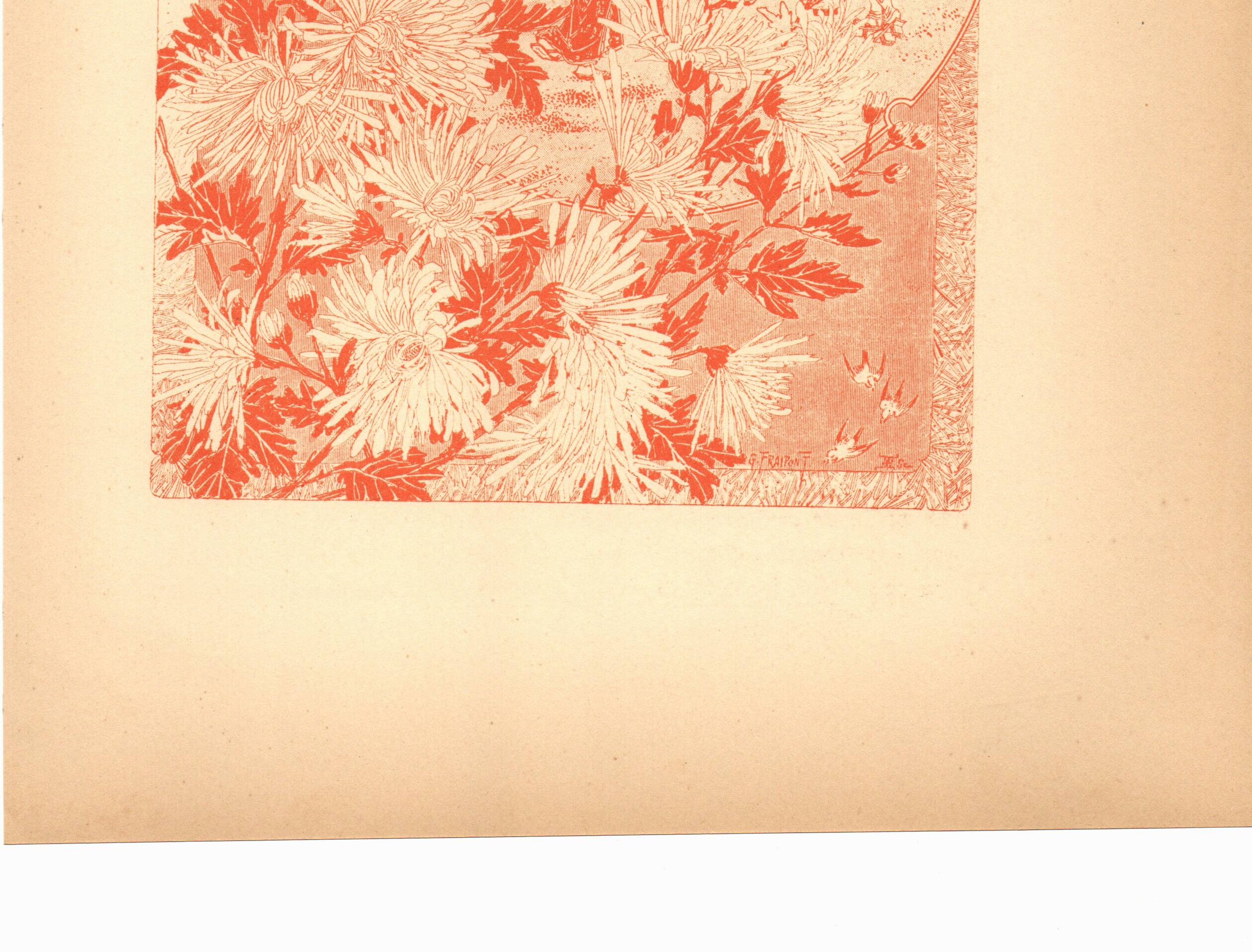 Art Nouveau engraving 1896 - Chrysanthemums and Japanese scene by G. Fraipont