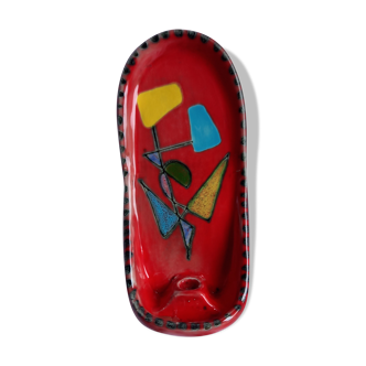 Bougeoir rouge en céramique de vallauris, atelier Cerenne, Pierre Rinaudo, décor abstrait années 50