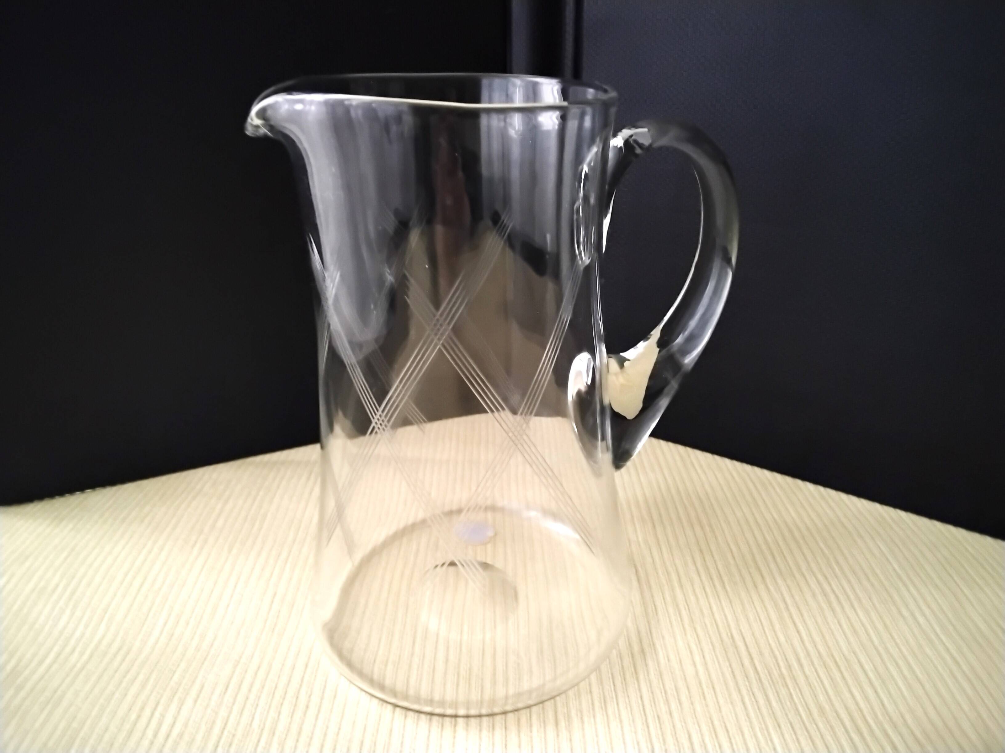 Water carafe, blown glass jug, engraved cross-hatched decoration