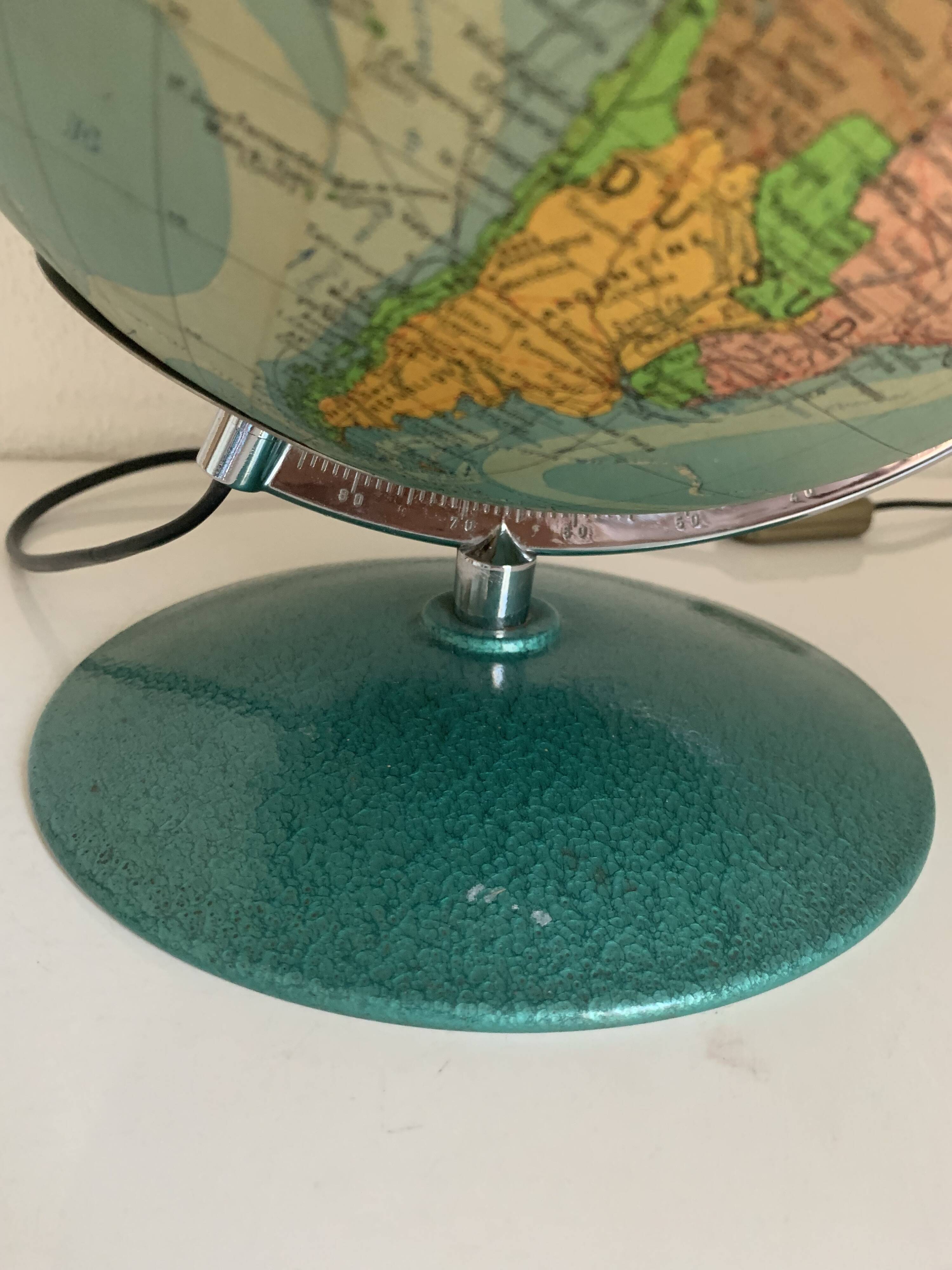 Vintage 1960s Perrina glass globe, green lacquered, world map - 33 cm