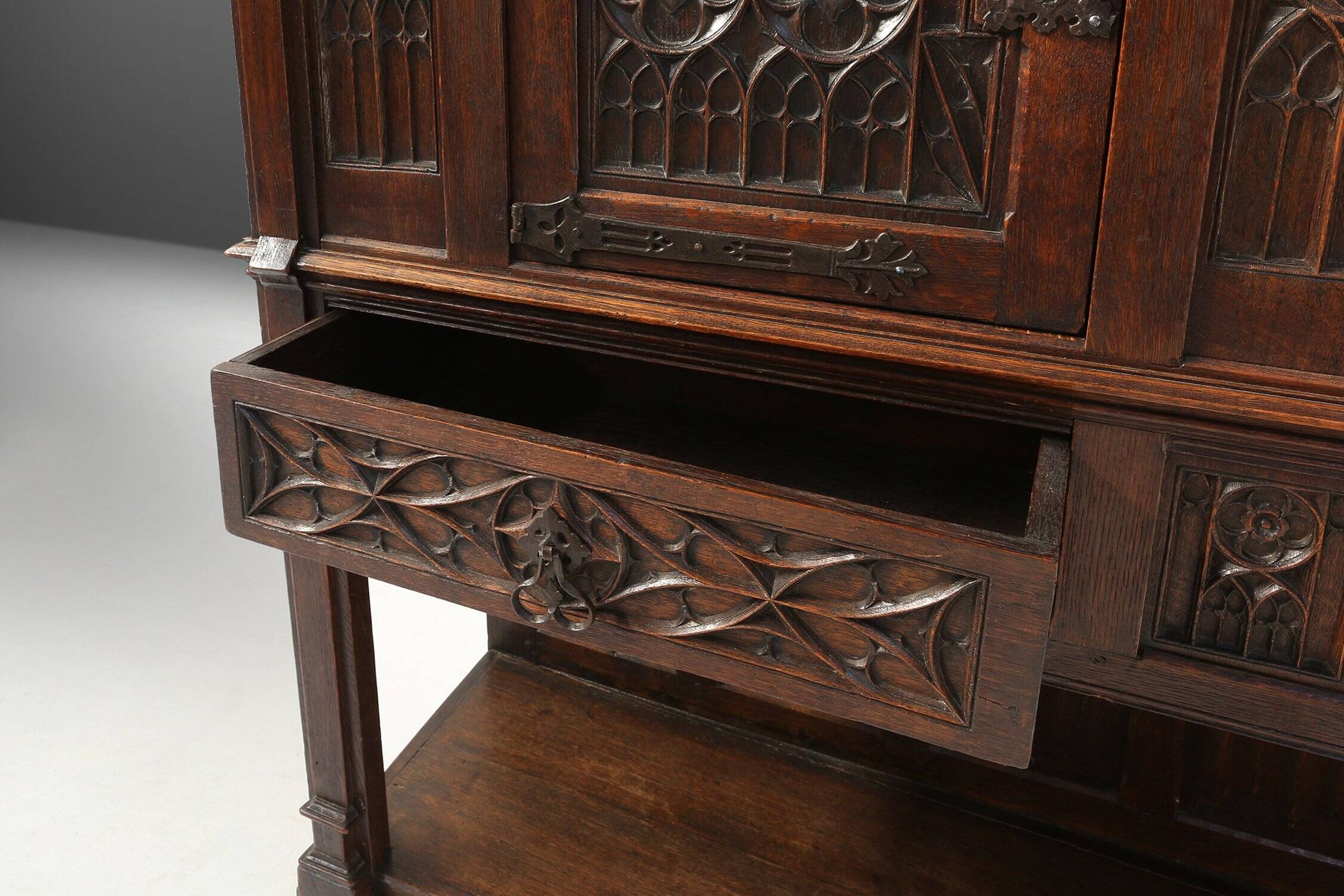 Neo-Gothic Cabinet in Oak with Rich Decorations and Hidden Storage, France