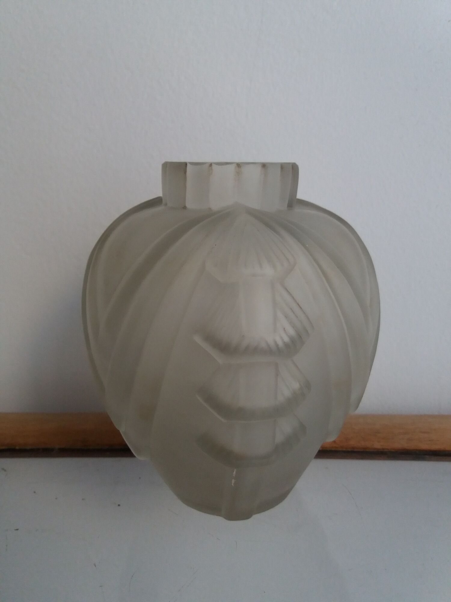 White frosted glass Art Deco vase with geometric patterns