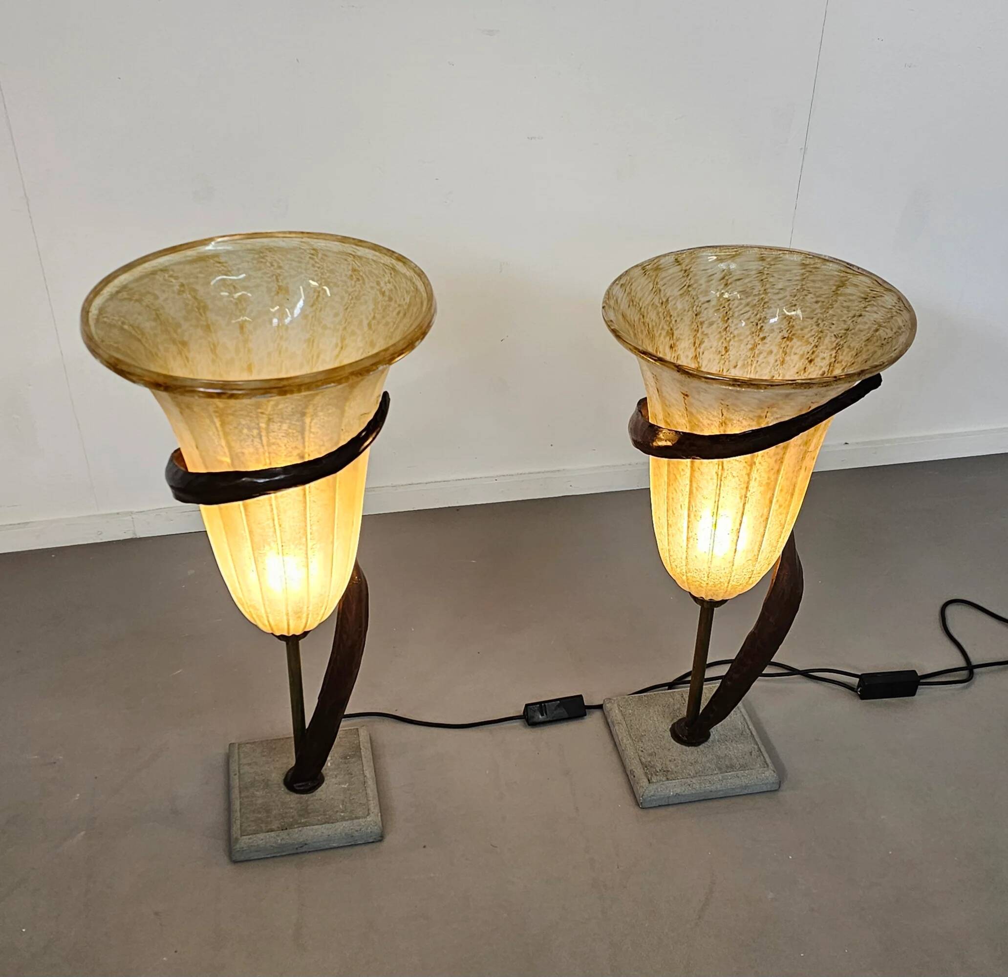 Large Jugendstil floor / table lamps, Roberto Galli, stone base with Italian glass shade