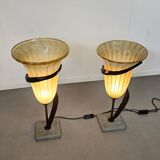 Large Jugendstil floor / table lamps, Roberto Galli, stone base with Italian glass shade
