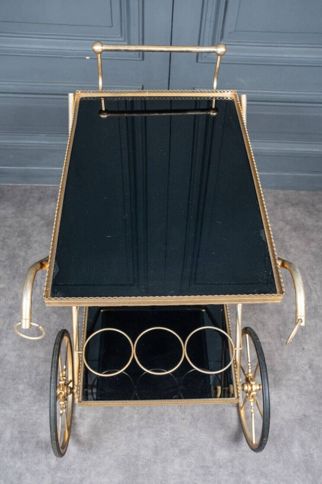 Rolling bar trolley in gold metal and black opaline two trays 1960