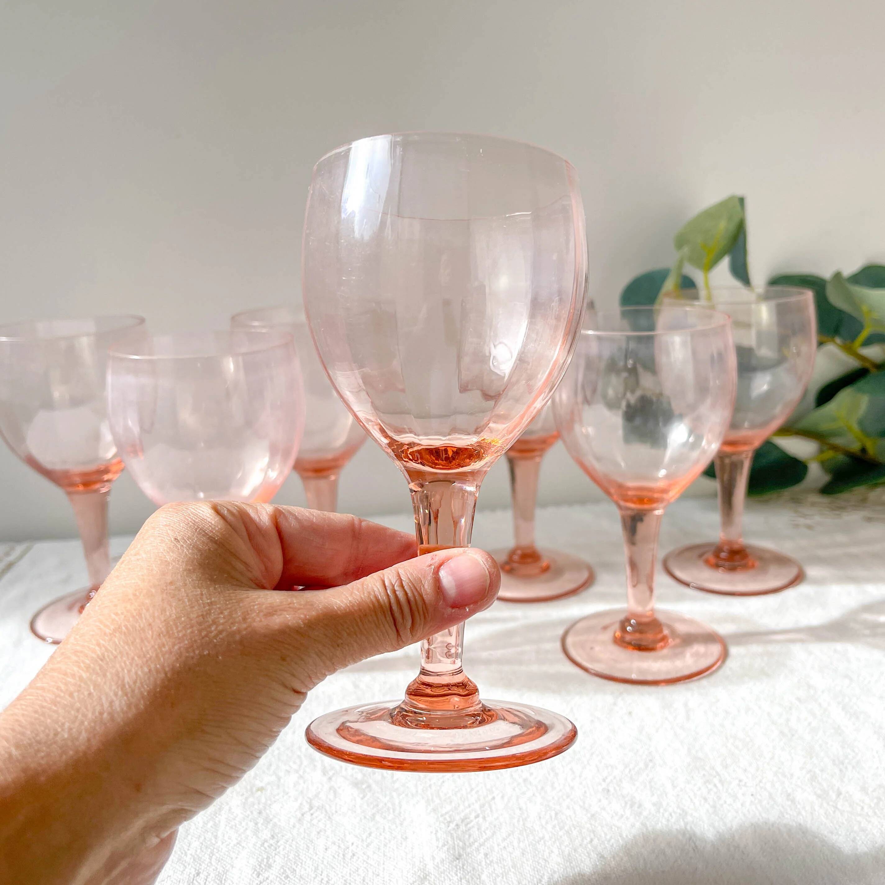 7 vintage pink faceted glass water glasses from the 1950s