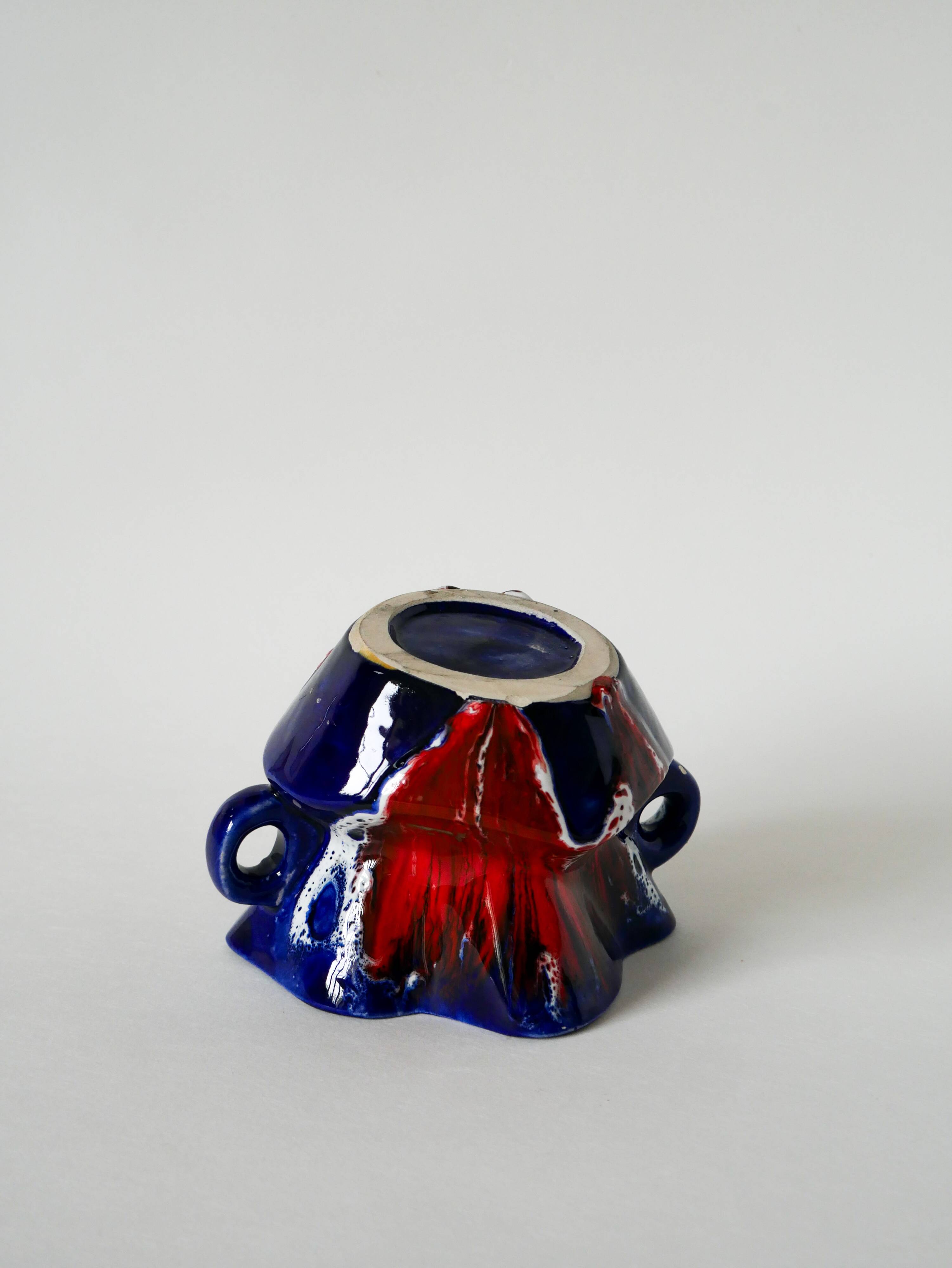 Ceramic vase / fat lava red, blue and white, 1970