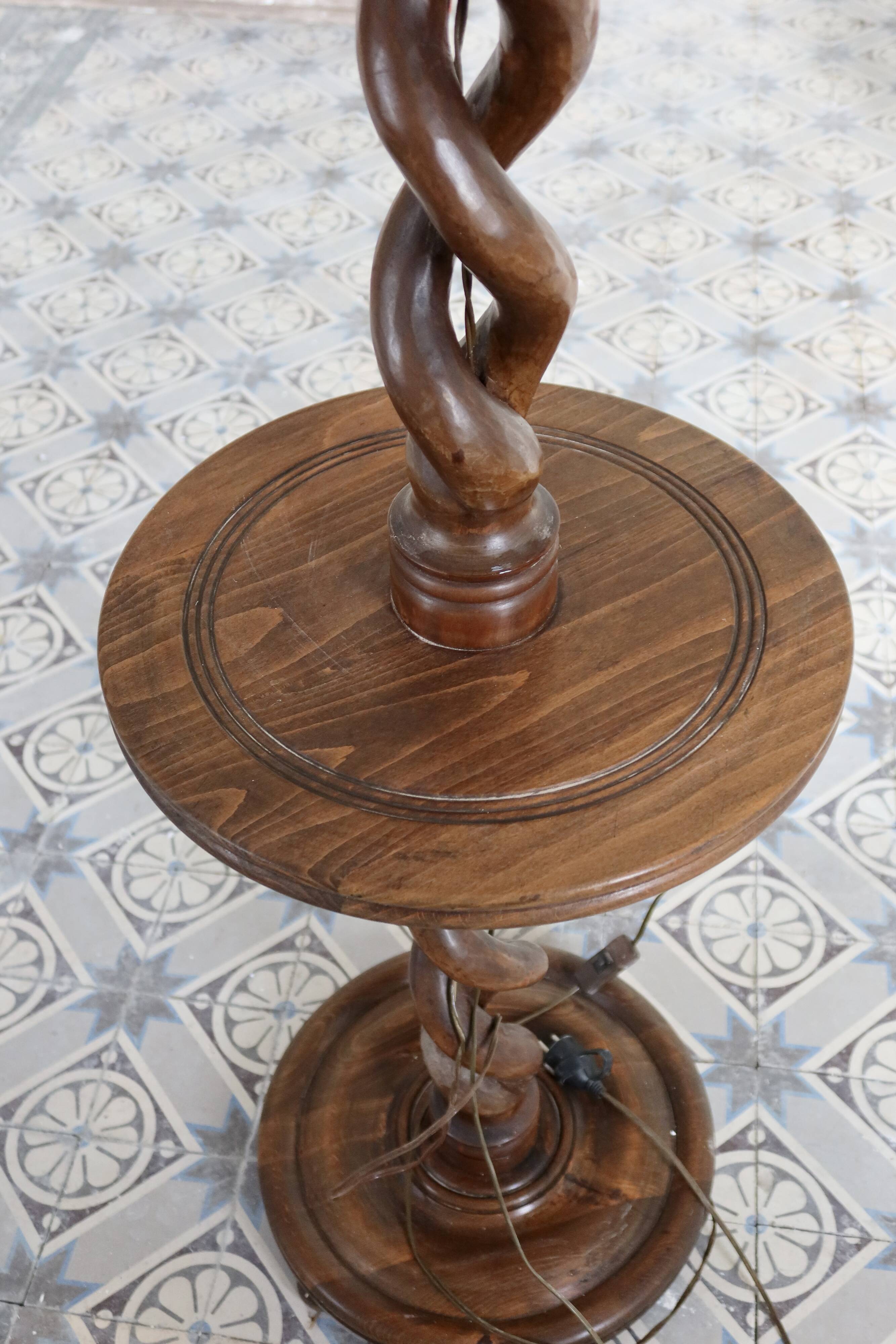 Vintage twisted turned wooden lamp base with shelf.