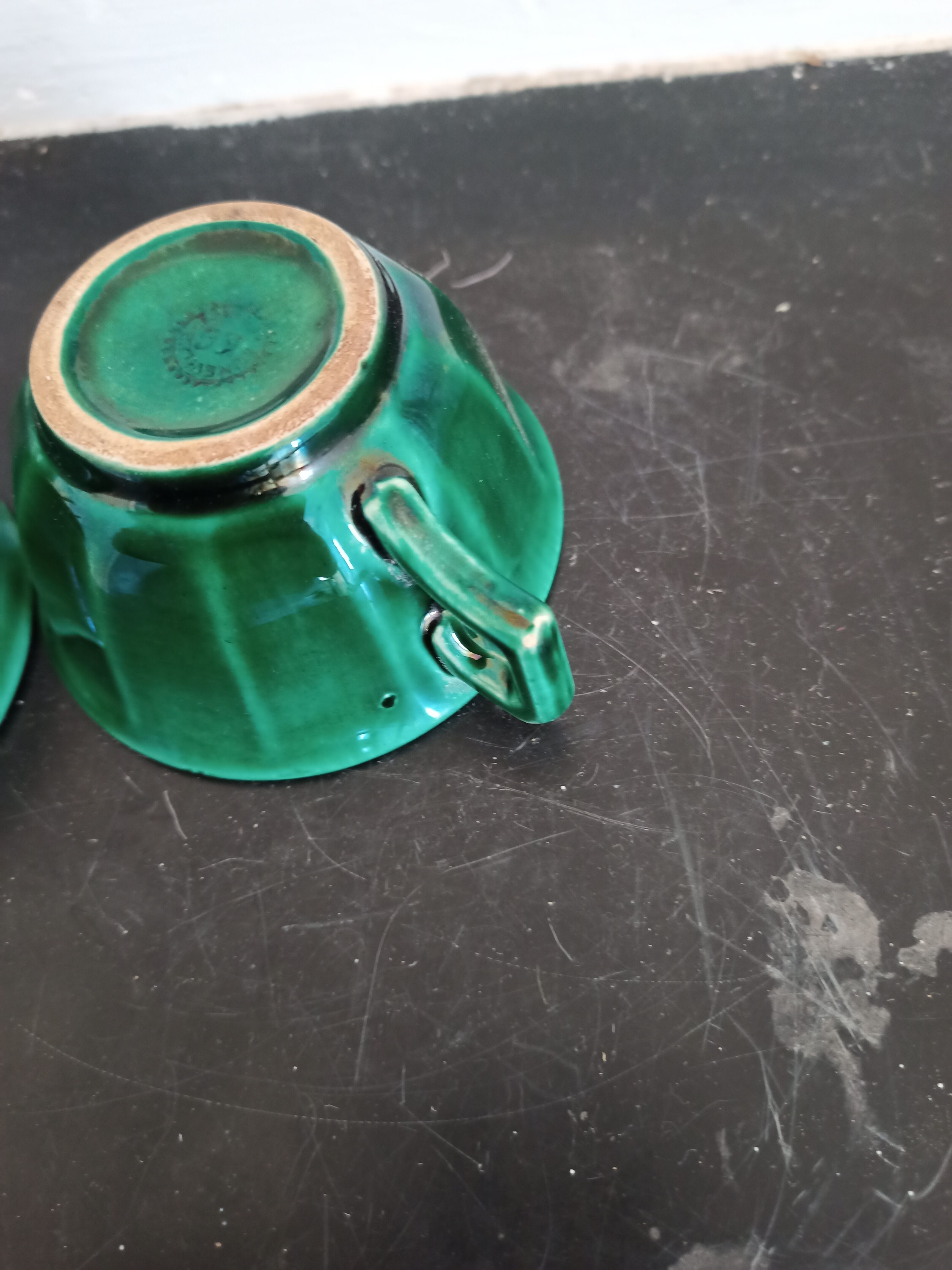 Pair of green ceramic cups K G Lunéville antique