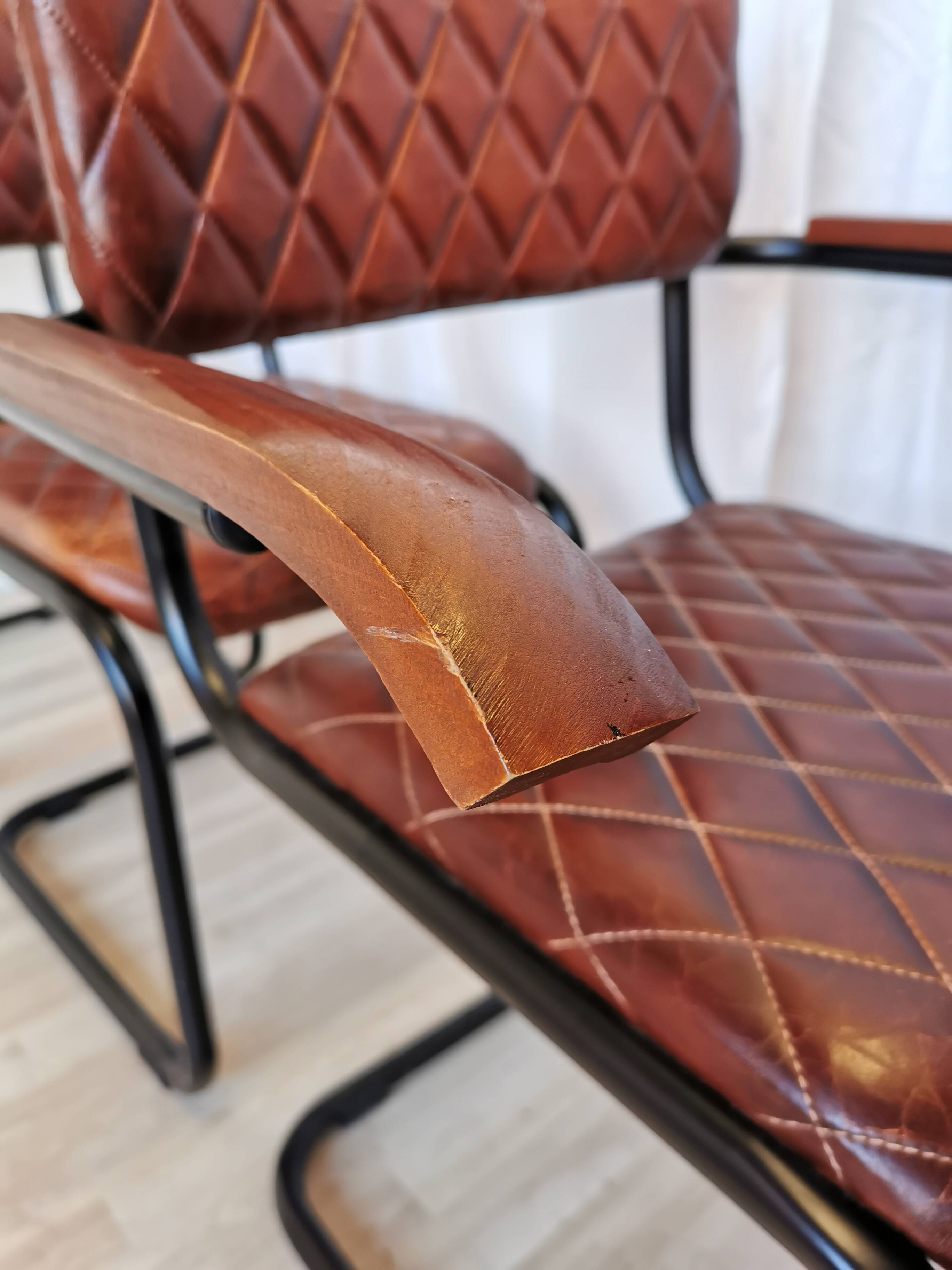 Set of 4 Vintage Quilted Leather Dining Chairs: Black Metal Base