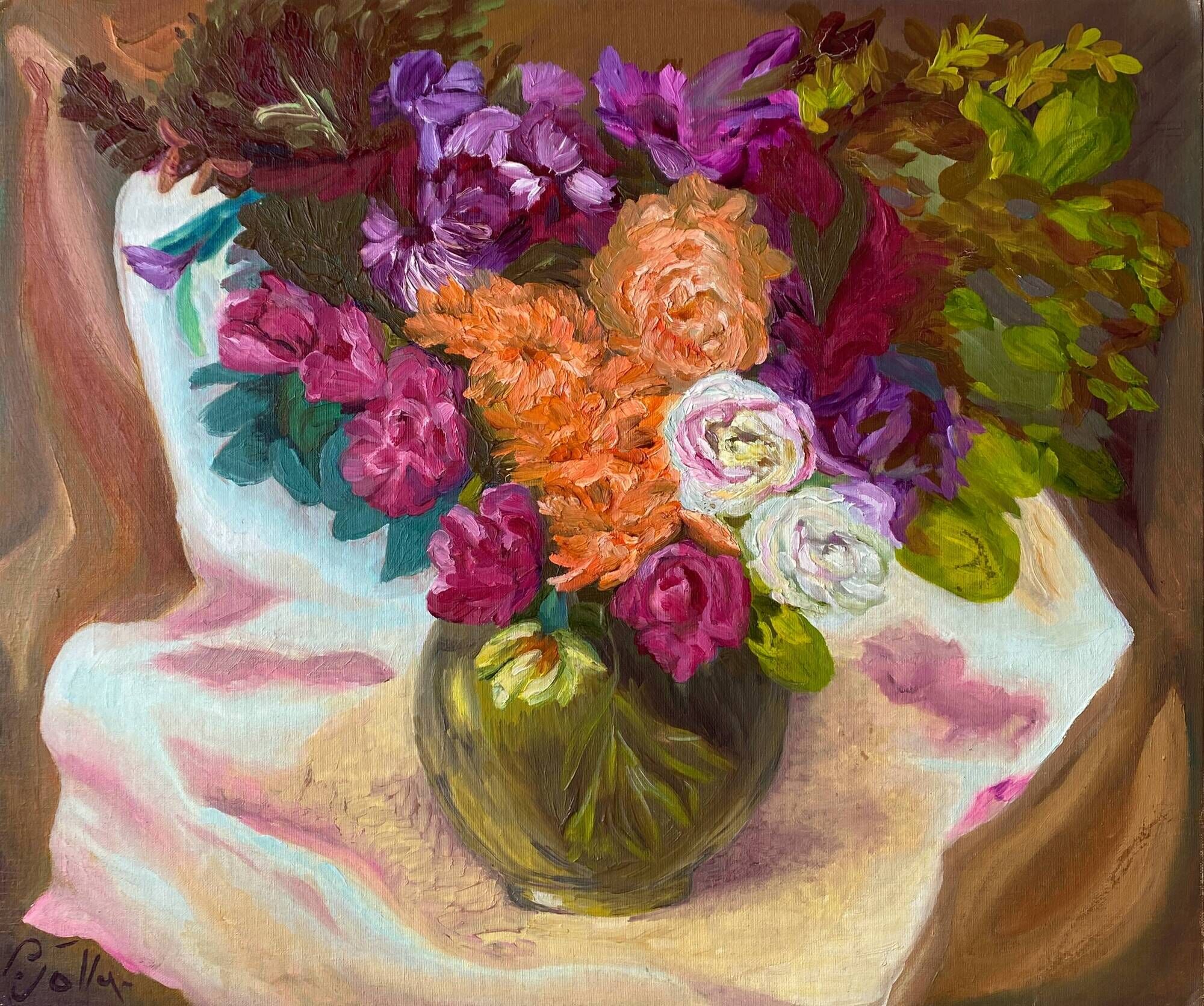 Painting "Bouquet of roses in vase" HST/P signed P. Jolly