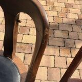 Pair of antique brown swivel armchairs in upholstery fabric, wooden frame, Hungary circa 1900.