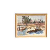 Huile sur toile suédoise d'époque mi-siècle "Vinterdag" vintage et encadrée 46 cm x 35 cm