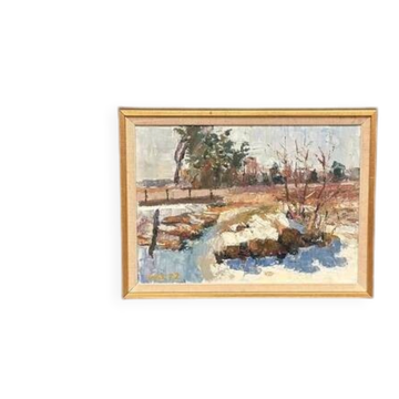 Huile sur toile suédoise d'époque mi-siècle "Vinterdag" vintage et encadrée 46 cm x 35 cm