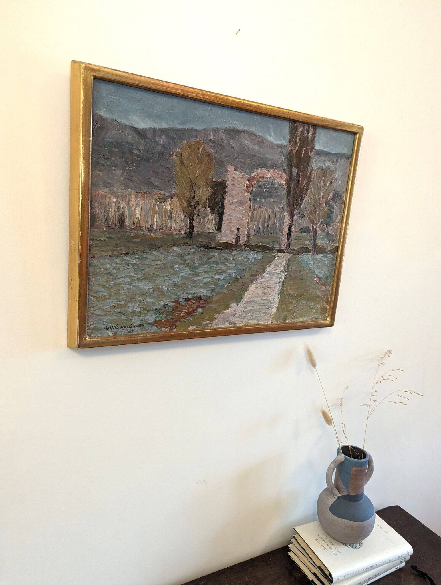 Mid-Century Modern Swedish "Italian Valley" Vintage 1967 Oil Painting, Framed