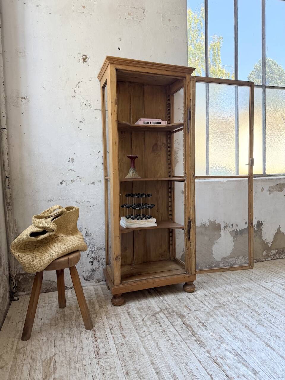 19th-century English pine display cabinet