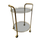 Vintage round rolling service in gilded metal and smoked glass