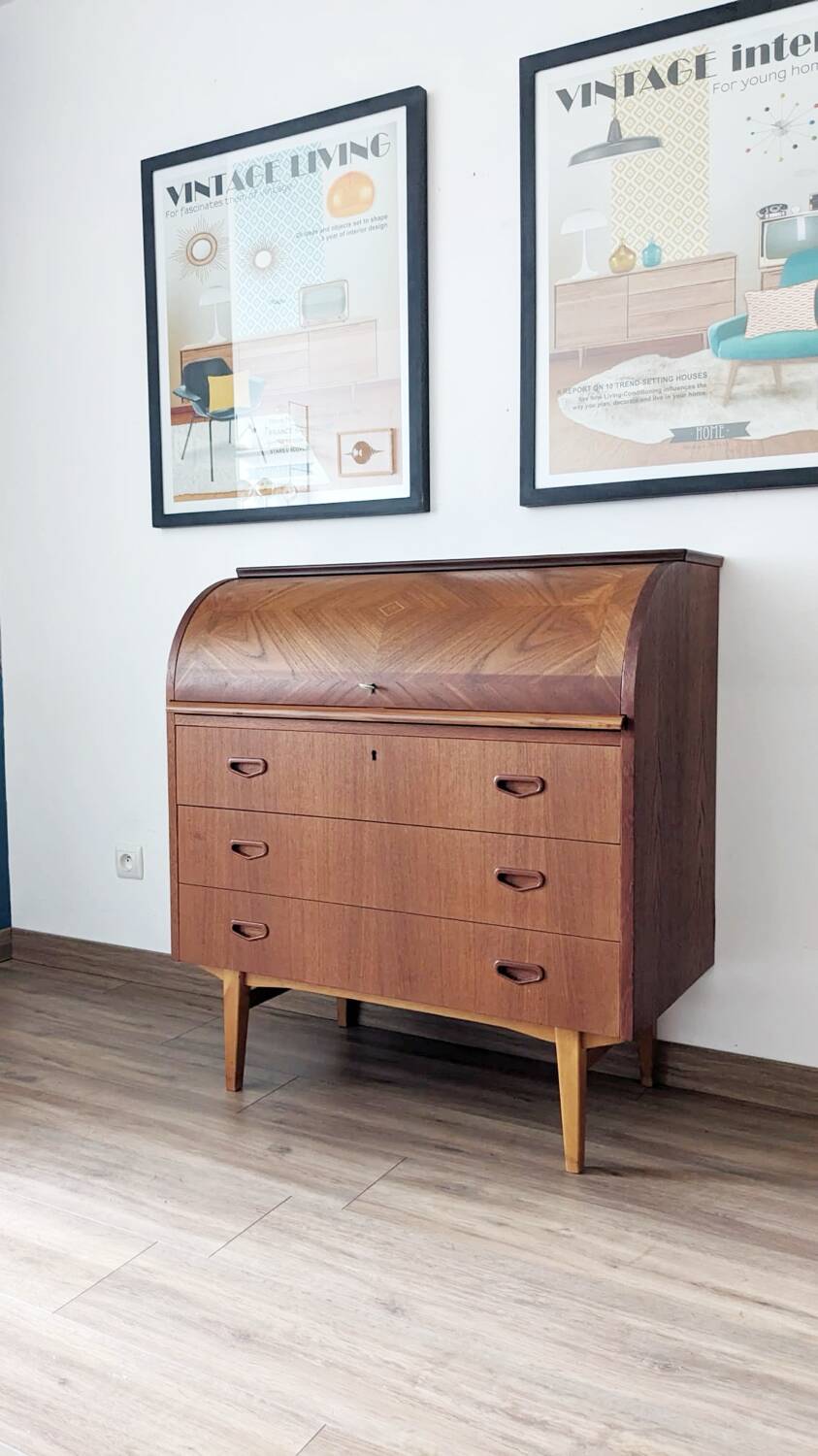 Bureau secrétaire à cylindre teck midcentury
