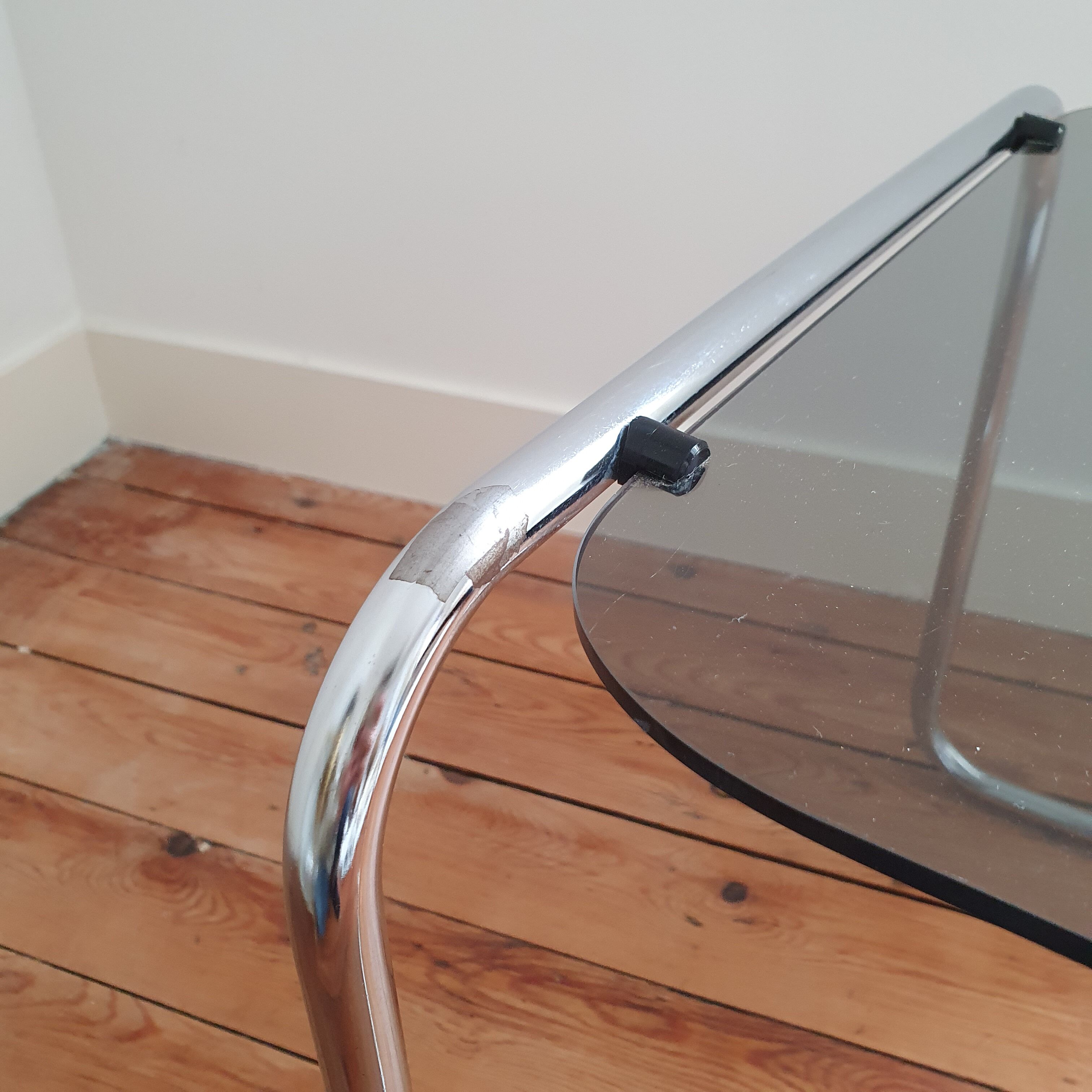 Side table chrome metal and smoked glass