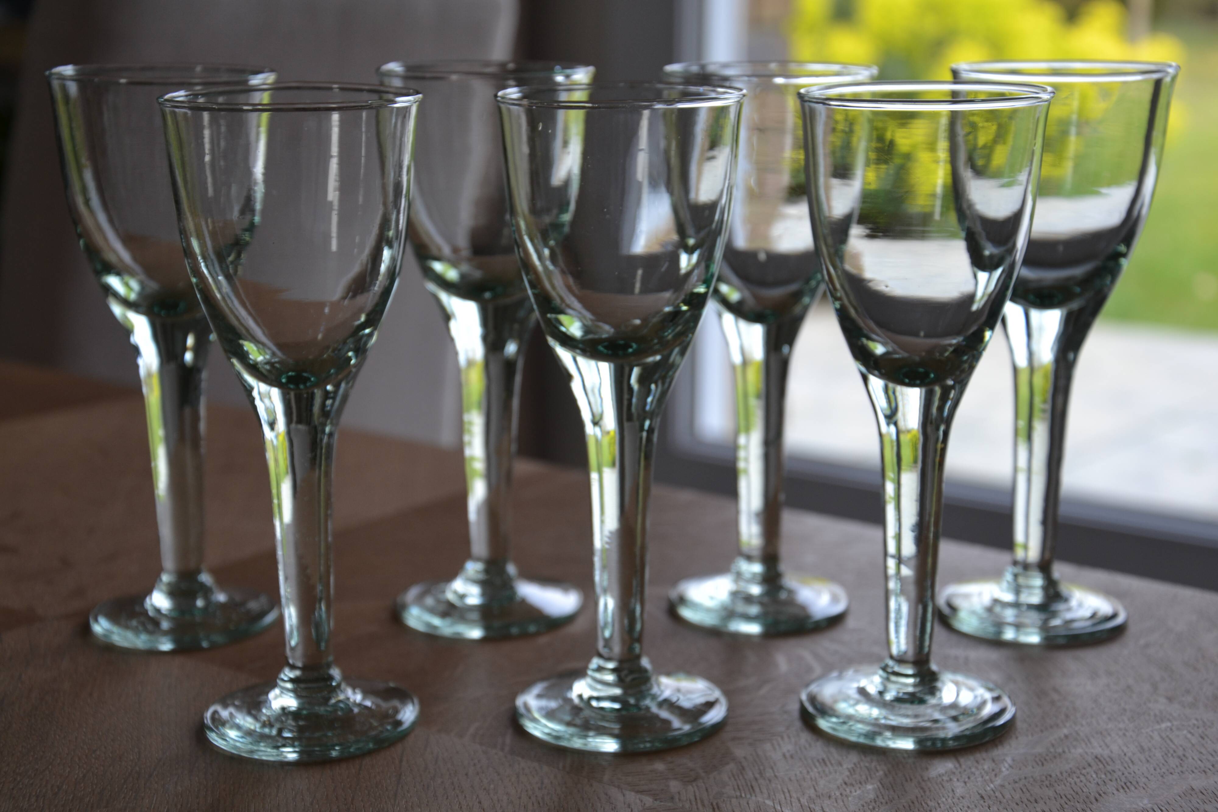 7 green blown glass bubble wine glasses