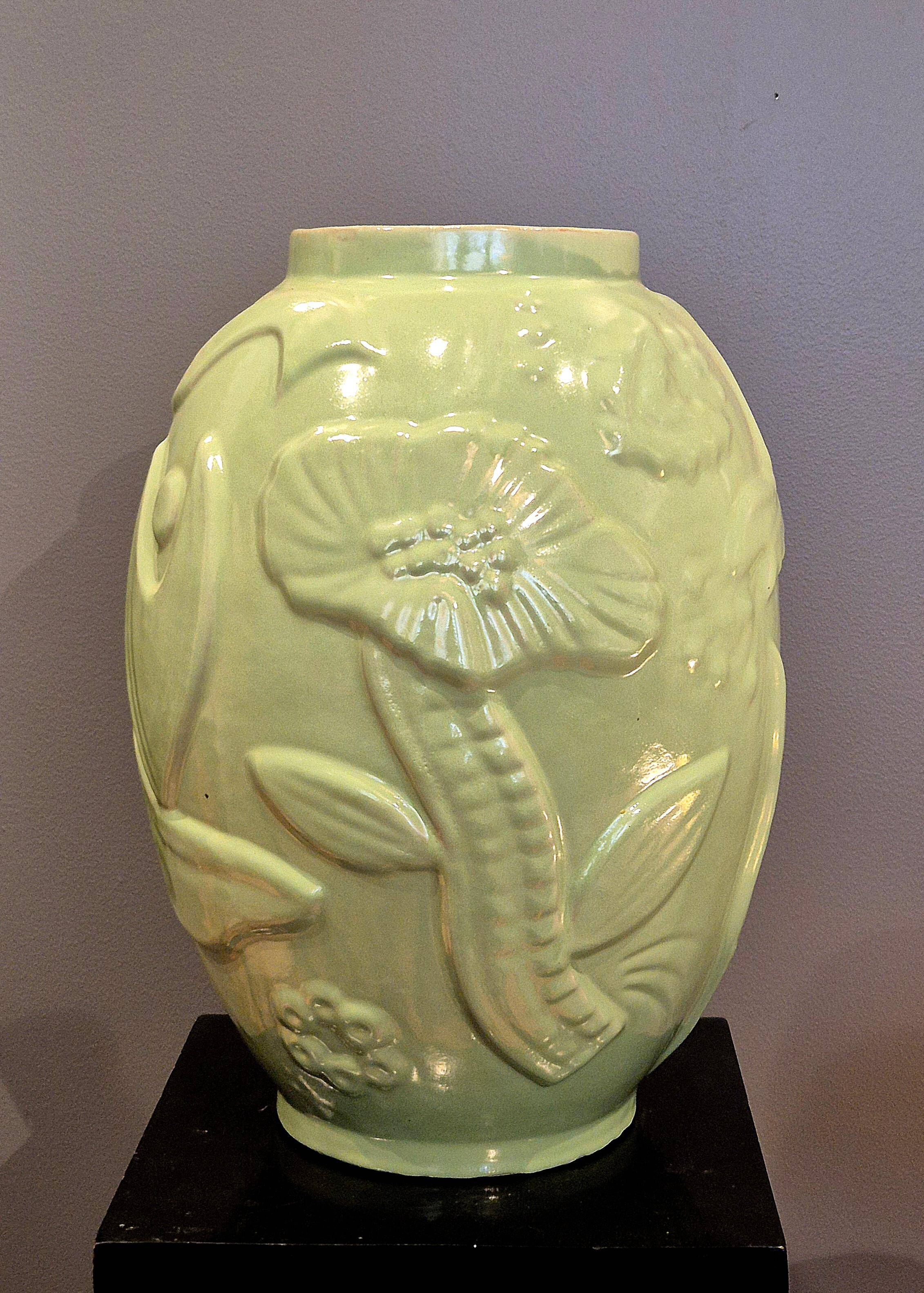 Large vase in celadon/green glazed earthenware, modern Swedish.