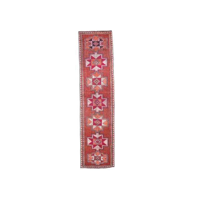 Vintage Turkish Oushak Handmade Wool Cotton Red Runner 87x336