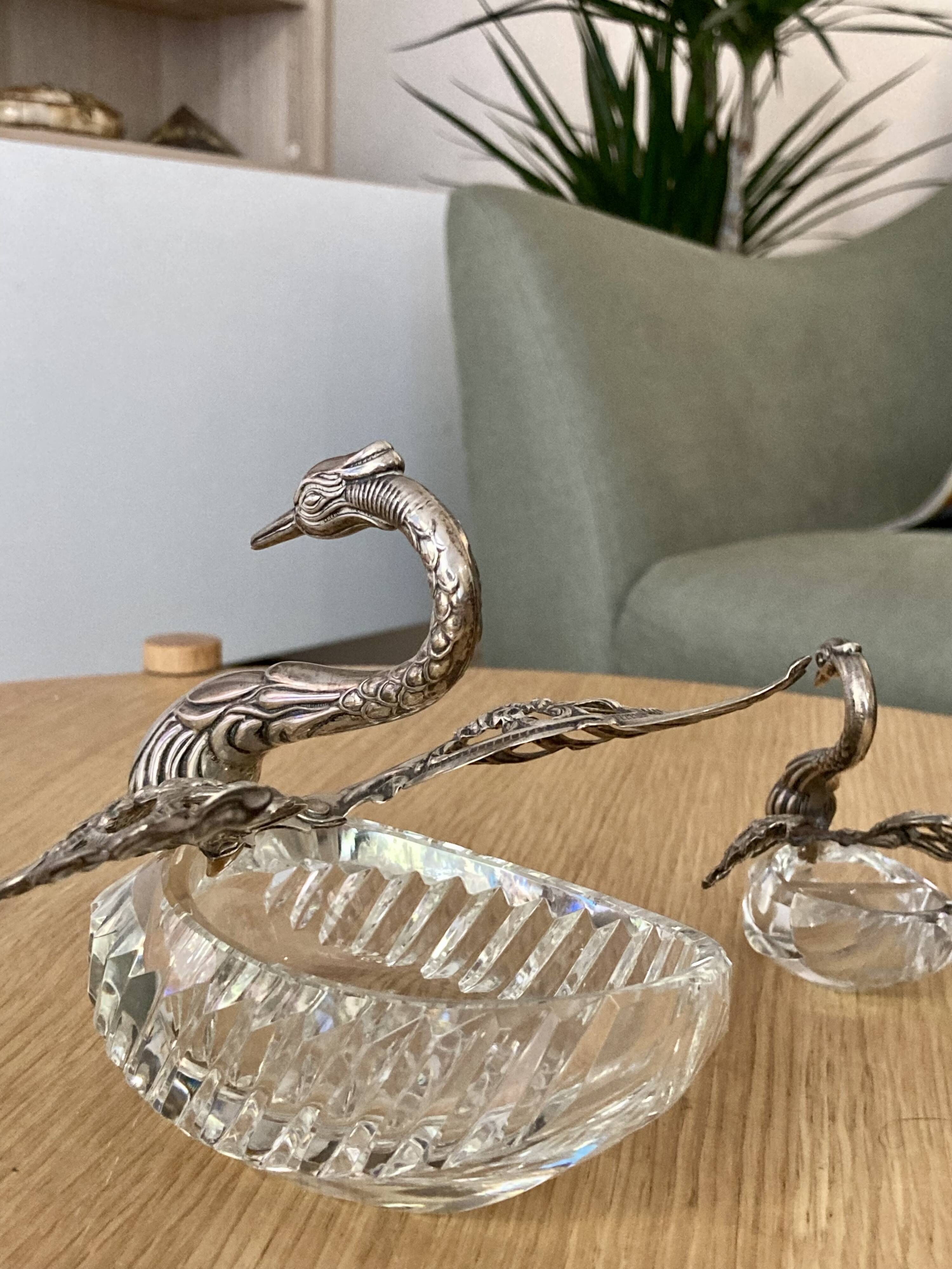 Crystal/silver metal set -pepper-salt-gravy boat – swan
