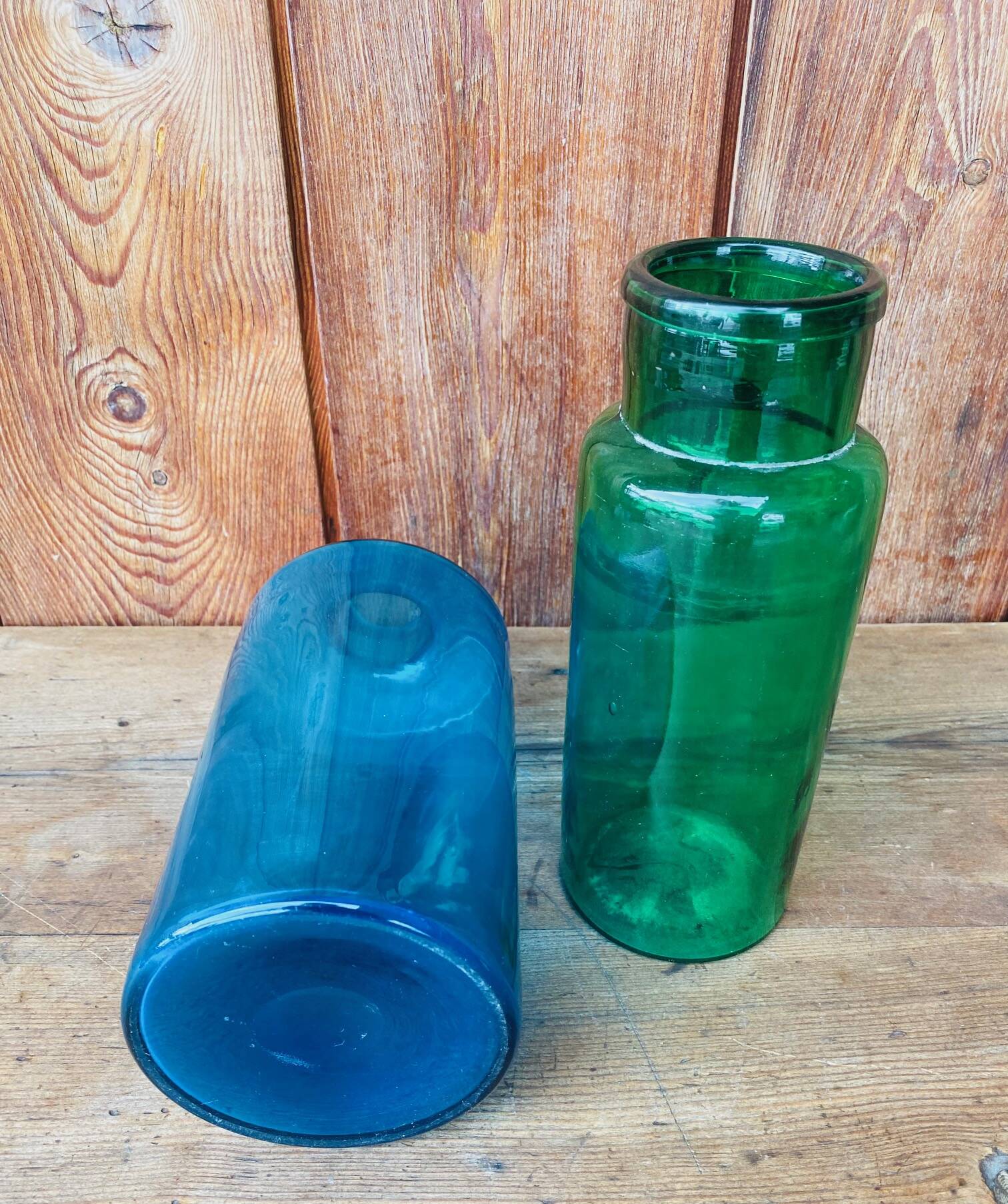 Duo de vase en verre bleu et vert