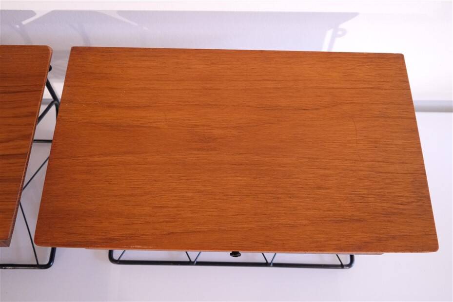 Pair of hanging bedside tables in teak and metal, 1960