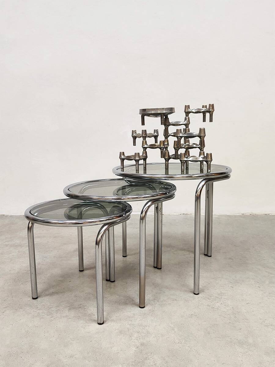 Vintage side tables in chrome and smoked glass by Italian design Mimiset