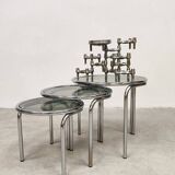 Tables d'appoint vintage en chrome et verre fumé de design italien Mimiset